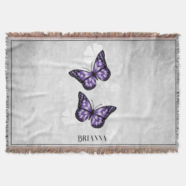 Purple Butterfly Floral Personalised Throw Blanket (Front)