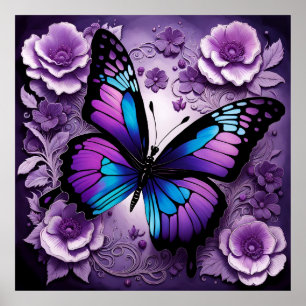 Purple Butterfly Floral Poster