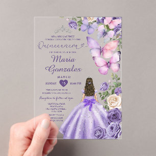 Purple Butterfly Floral Princess Dress Quinceañera Acrylic Invitations