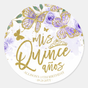 Purple Butterfly Floral Quinceanera Party Classic Round Sticker