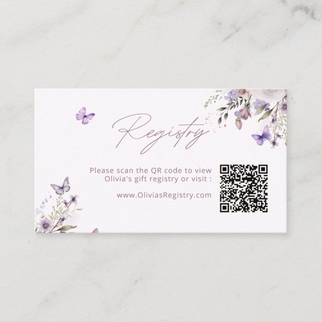Purple Butterfly Floral Registry QR Code Enclosure Card (Front)