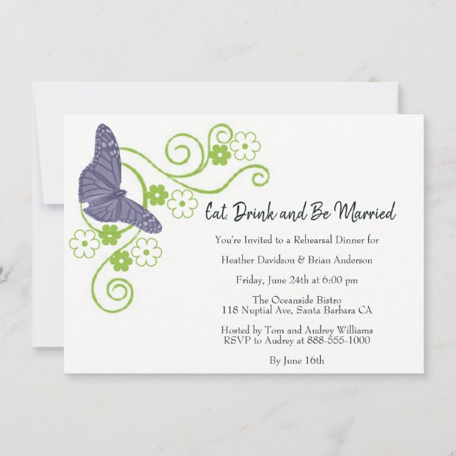 Purple Butterfly Floral Rehearsal Dinner Invite (Front)