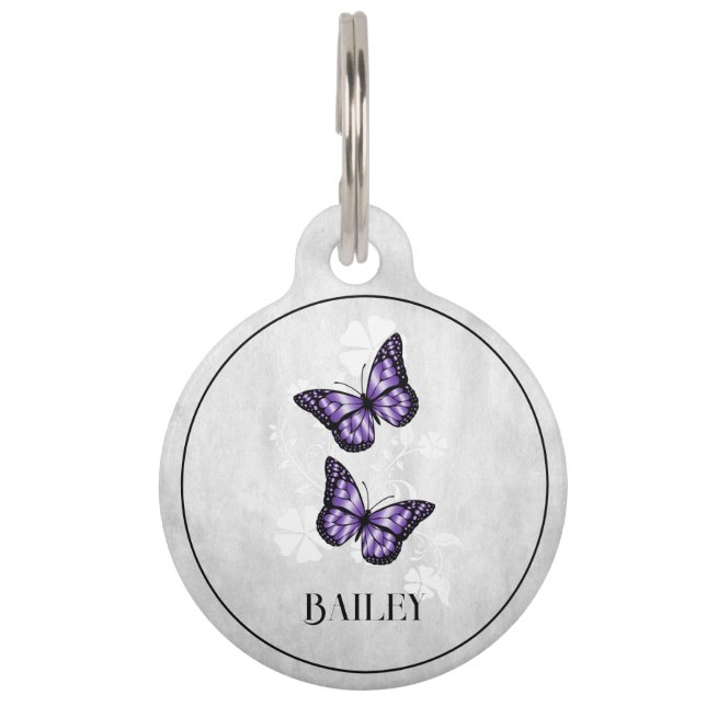Purple Butterfly Floral Round Pet Tag (Front)