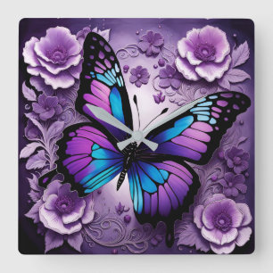 Purple Butterfly Floral Square Wall Clock