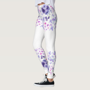 Purple Butterfly Floral Watercolor Leggings - Cute