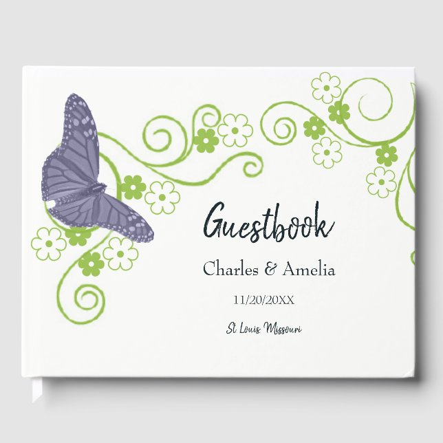 Purple Butterfly Floral Wedding Day Guestbook (Front)