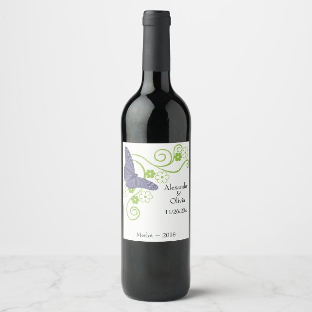 Purple Butterfly Floral Wedding Wine Label (Front)