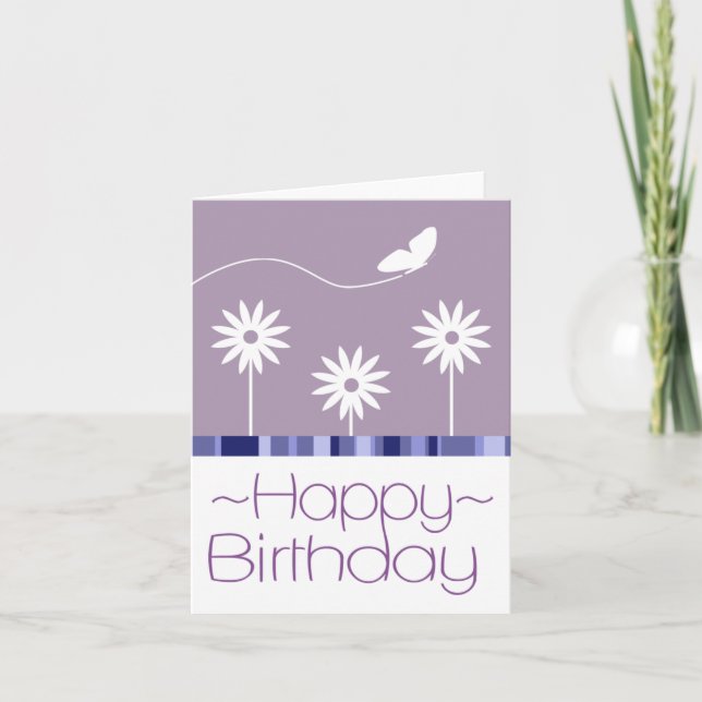 Purple Butterfly Flowers Happy Birthday Card (Front)