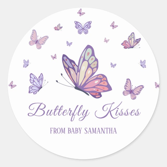 Purple Butterfly girl baby shower Classic Round Sticker (Front)