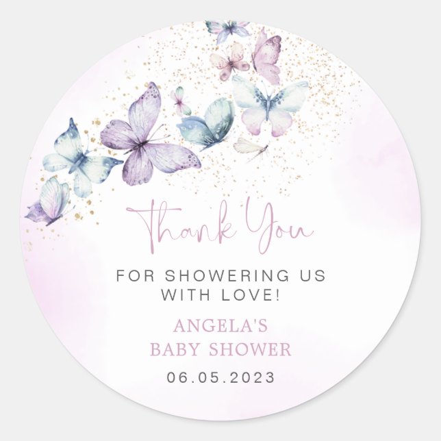 Purple Butterfly Girl Baby Shower Sticker (Front)