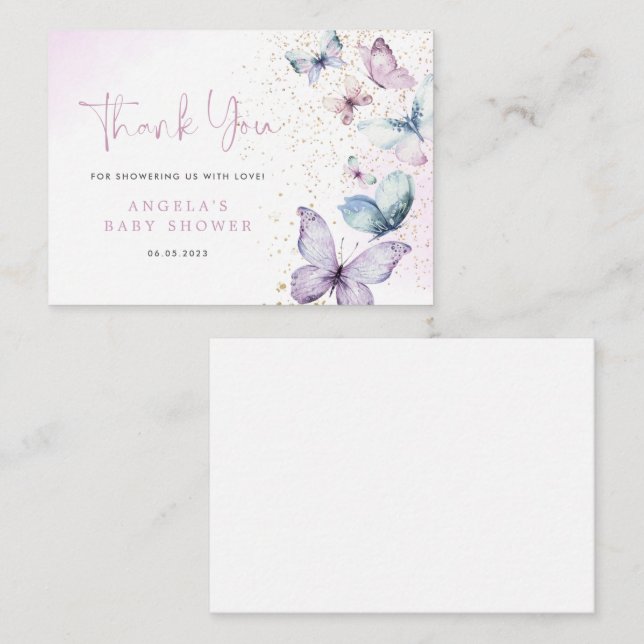 Purple Butterfly Girl Baby Shower Thank You Card (Front/Back)