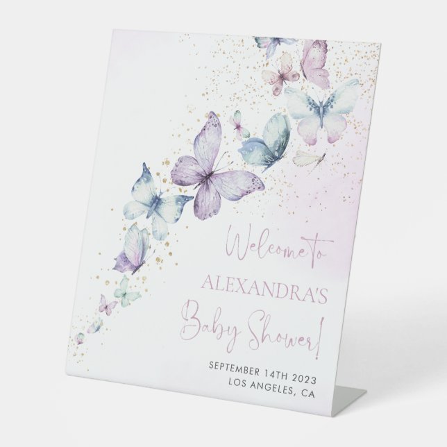 Purple Butterfly Girl Baby Shower Welcome Sign (Front)