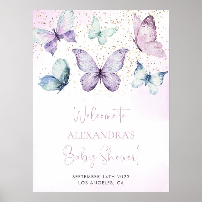 Purple Butterfly Girl Baby Shower Welcome Sign (Front)