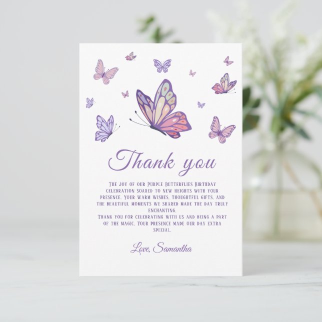 Purple Butterfly Girl Birthday  Thank You Card (Standing Front)