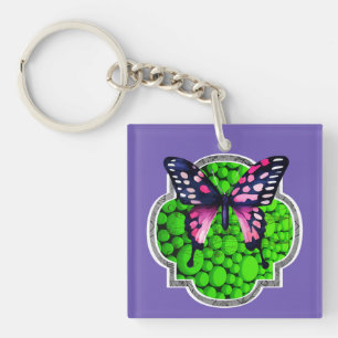 Purple Butterfly, Green Dots, Astrology Key Ring