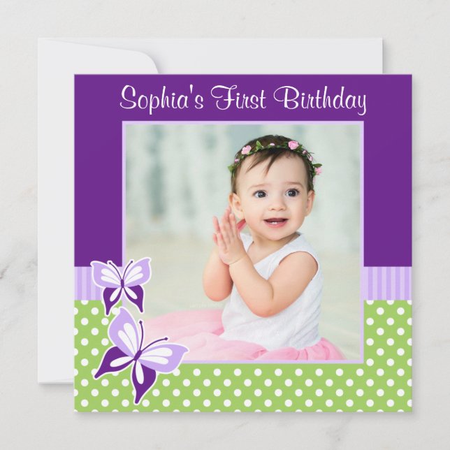 Purple Butterfly Green Polka Dot Birthday Photo Invitation (Front)