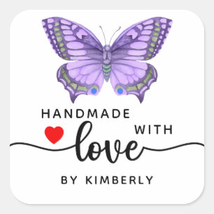 Purple Butterfly Handmade with Love White Square Sticker