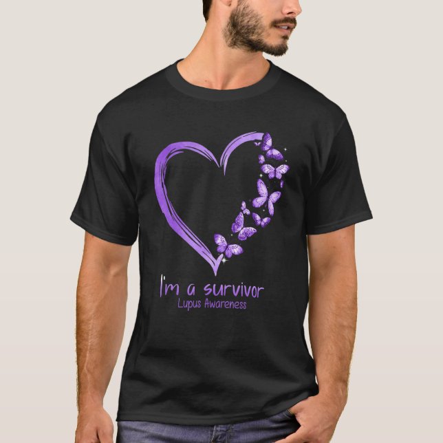 Purple Butterfly Heart Im A Survivor Lupus Awarene T-Shirt (Front)
