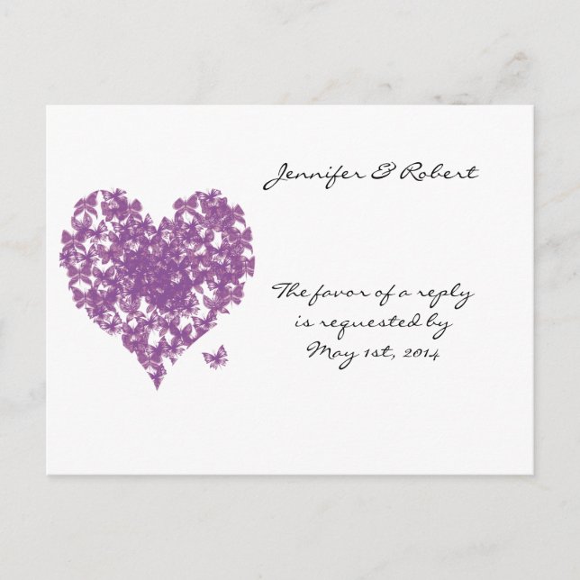 Purple Butterfly Heart Wedding RSVP Invitation Postcard (Front)