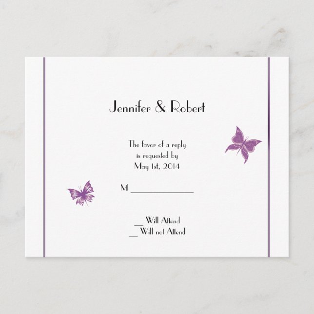 Purple Butterfly Heart Wedding RSVP Postcard (Front)