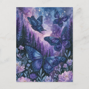 Purple Butterfly in Magical Pine Forest Night Sky Postcard