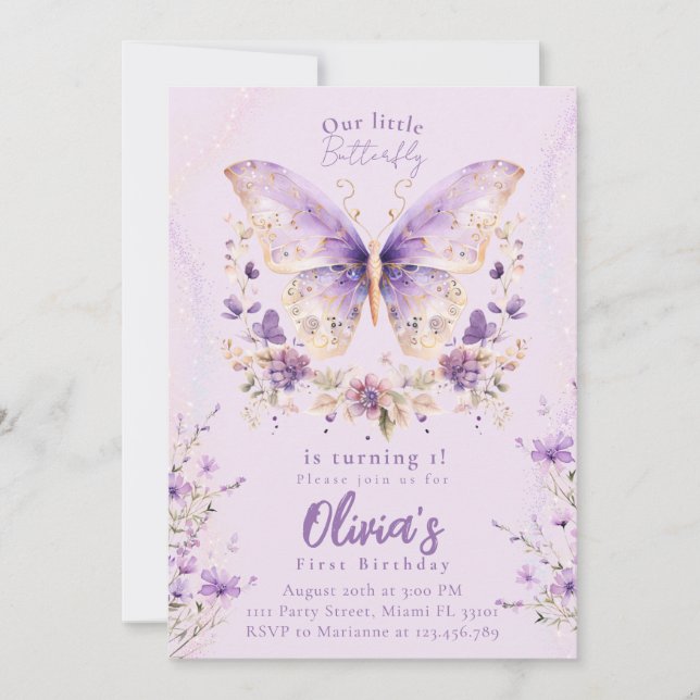 Purple Butterfly is Turning One 1st Birthday Invitation (Front)