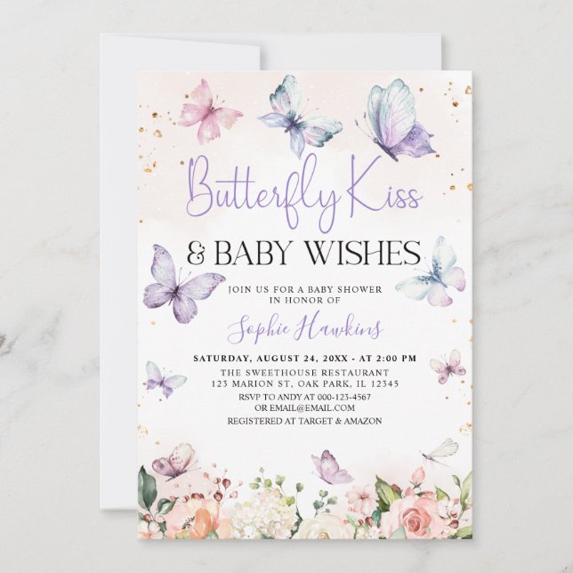 Purple Butterfly Kisses Baby Girl Baby Shower Invitation (Front)