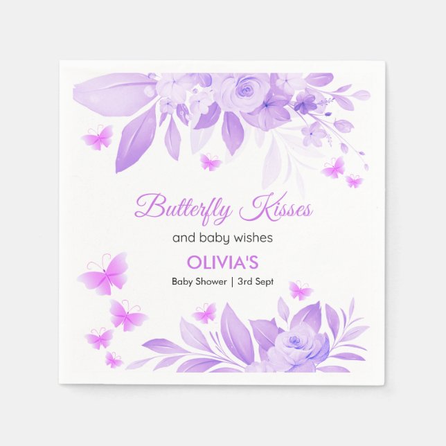 Purple Butterfly Kisses & Baby Wishes Baby Shower  Napkin (Front)