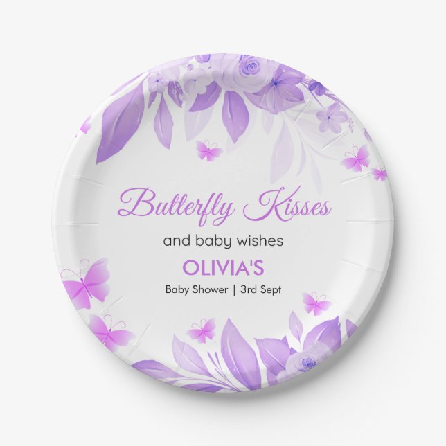 Purple Butterfly Kisses & Baby Wishes Baby Shower  Paper Plate (Front)