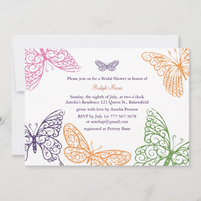 Purple Butterfly Kisses Bridal Shower Invitation (Front)
