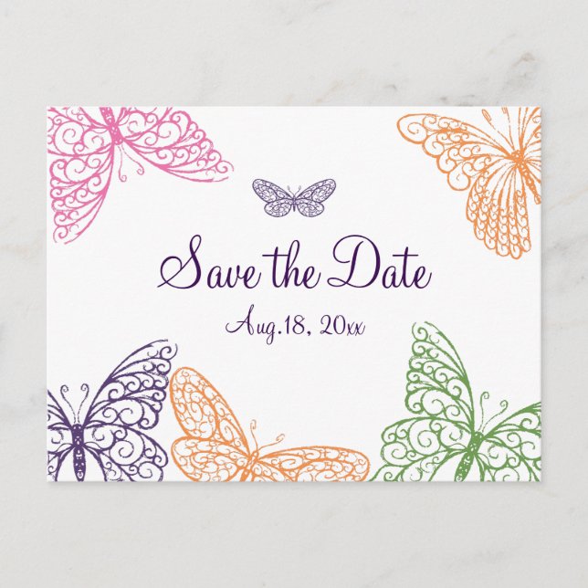 Purple Butterfly Kisses Save the Date Announcement Postcard (Front)