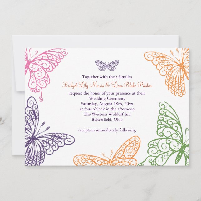 Purple Butterfly Kisses Wedding Invitation (Front)