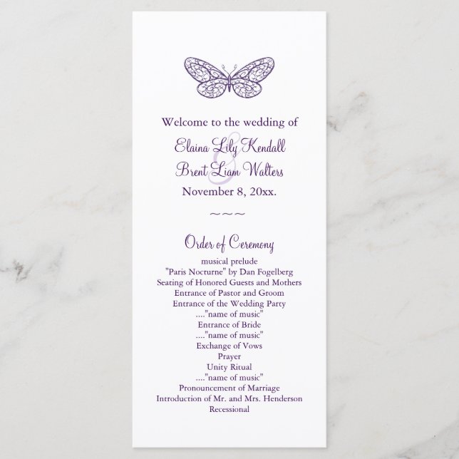 Purple Butterfly Kisses Wedding Program Programme (Front)