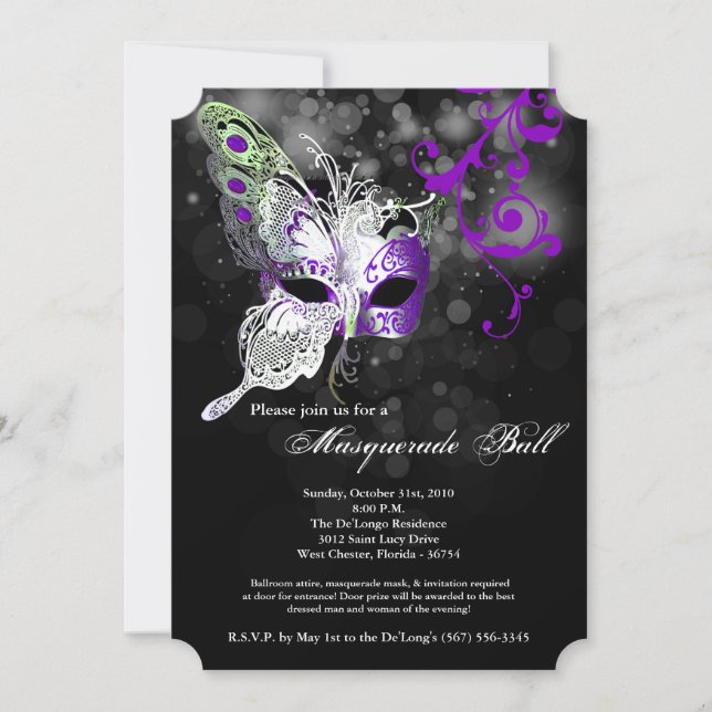 Purple Butterfly Masquerade Mask Costume Halloween Invitation (Front)