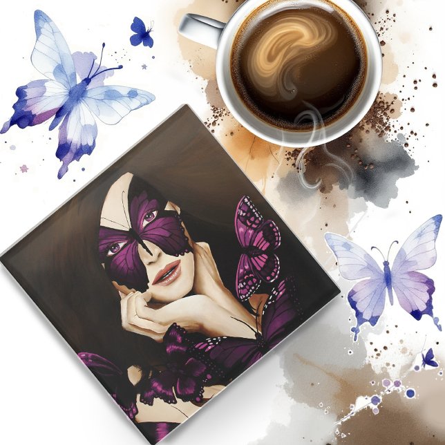 Purple Butterfly Masquerade Woman Elegant Fantasy Glass Coaster (Creator Uploaded)