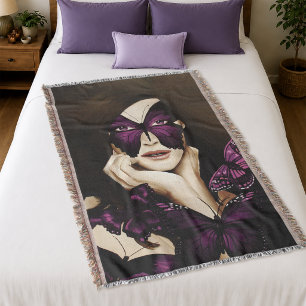 Purple Butterfly Masquerade Woman Elegant Fantasy Throw Blanket