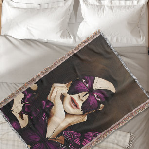 Purple Butterfly Masquerade Woman Elegant Fantasy Throw Blanket