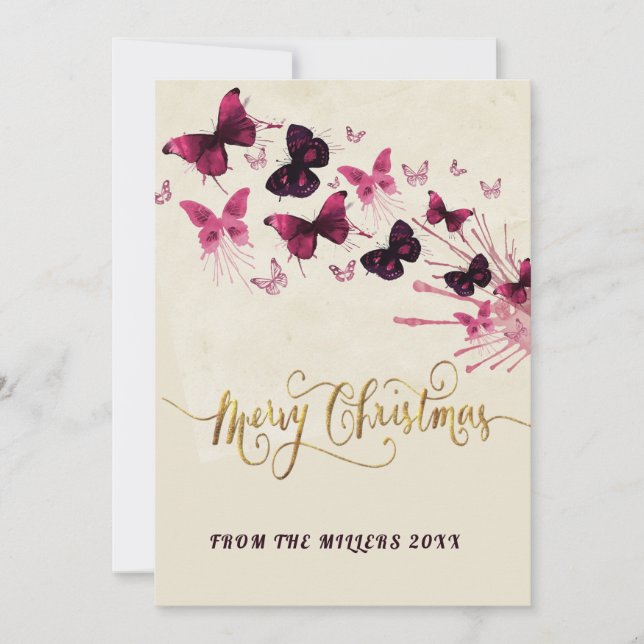 Purple Butterfly Merry Christmas Glitter Holiday Card (Front)