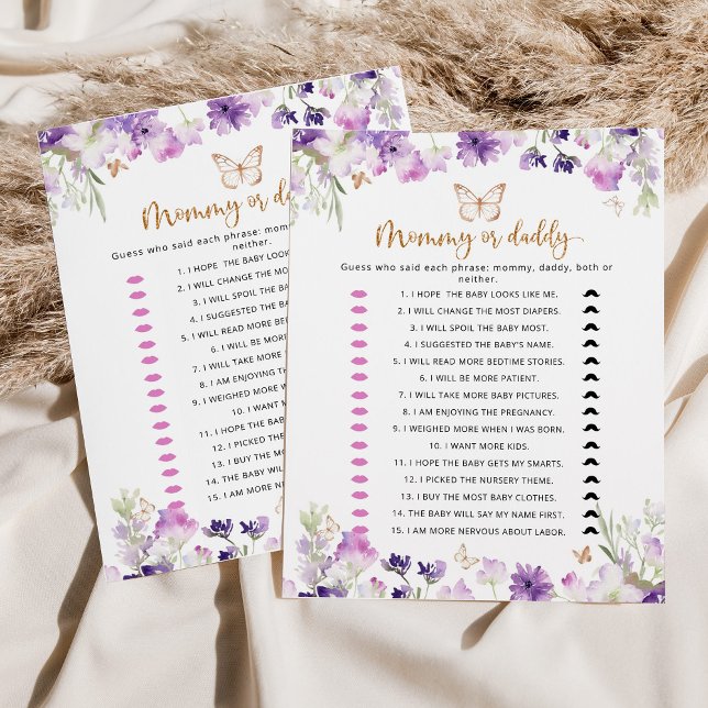 Purple butterfly mummy or daddy baby shower game (Creator Uploaded)
