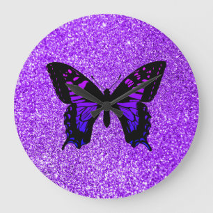 Purple Butterfly on Glitter Large Clock