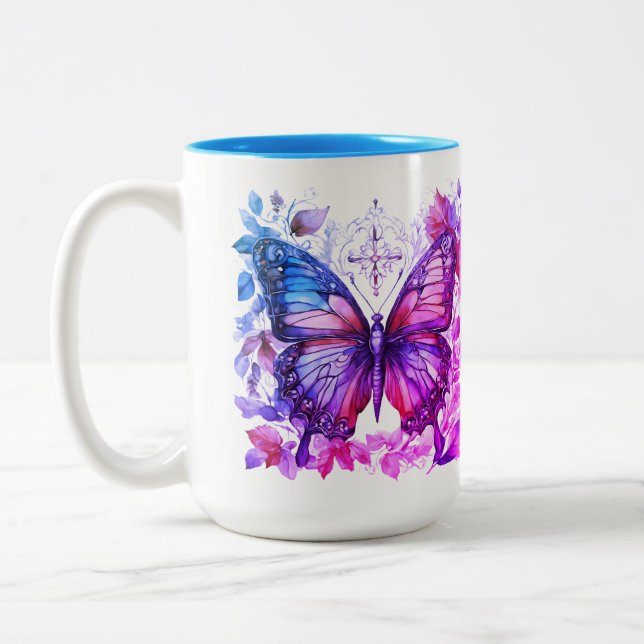 Purple Butterfly Pink Blue Christian Holy Cross Two-Tone Coffee Mug (Left)