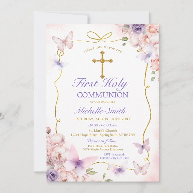 Purple Butterfly Pink Floral First Holy Communion Invitation (Front)