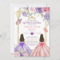 Purple Butterfly Pink Floral Twin Gold Quinceañera
