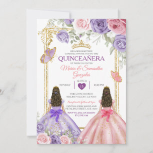 Purple Butterfly Pink Floral Twin Gold Quinceañera Invitation