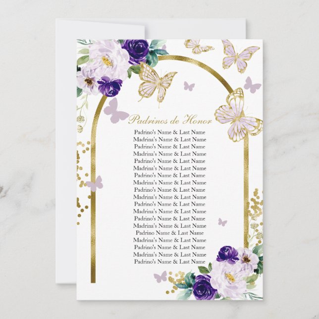 Purple Butterfly Quinceanera Padrinos de Honour  Invitation (Front)