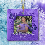 Purple Butterfly Quinceanera Personalised Ornament<br><div class="desc">Purple butterflies Quinceanera keepsake is versatile for plum,  violet,  lavender theme colours. Personalised / Custom Christmas ornament with Purple butterflies can easily be resized and repositioned on this commemorative gift. Photo ornament is a beautiful way to celebrate girl's 15th birthday,  or any other special celebration.</div>