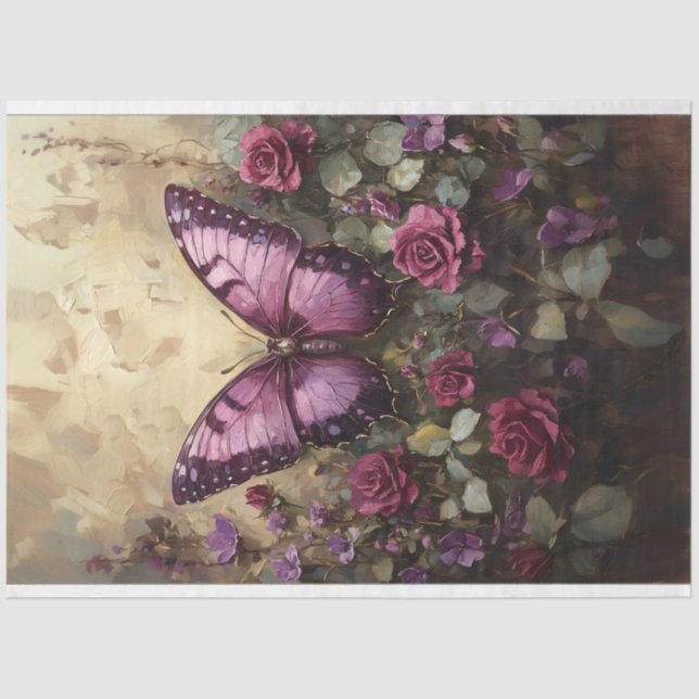 Purple Butterfly Rose Bush Painting Decoupage Tissue Paper (Front)