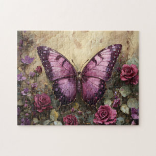 Purple Butterfly Rose Bush Painting Jigsaw Puzzle