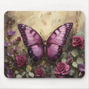 Purple Butterfly Rose Bush Painting Mouse Mat