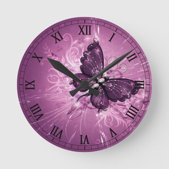 purple butterfly round clock (Front)